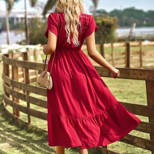 Women's new elegant V-neck solid color long skirt