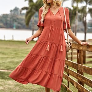 Women's new simple loose casual V-neck long skirt