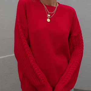 Women's Long Sleeve Thick Knitted Round Neck Twist Rope Top Sweater