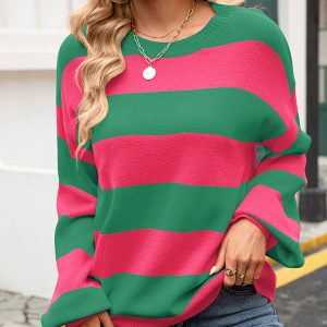 Women's patchwork striped round neck casual knitted sweater
