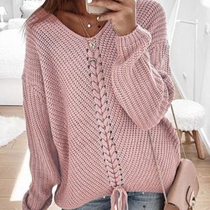 Women's long sleeve loose V-neck drawstring pullover sweater