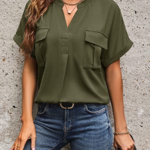 New solid color v-neck elegant commuter shirt with pockets