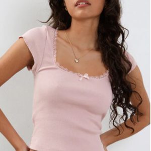 Women's lace bow square neck knitted T-shirt
