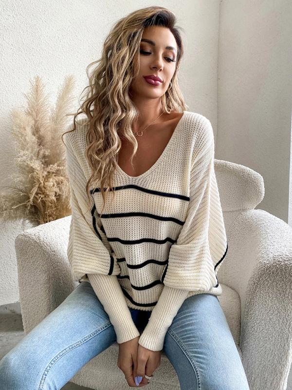 Women's new casual loose striped V-neck long-sleeved woolen top - Image 3