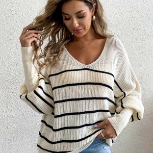 Women's new casual loose striped V-neck long-sleeved woolen top
