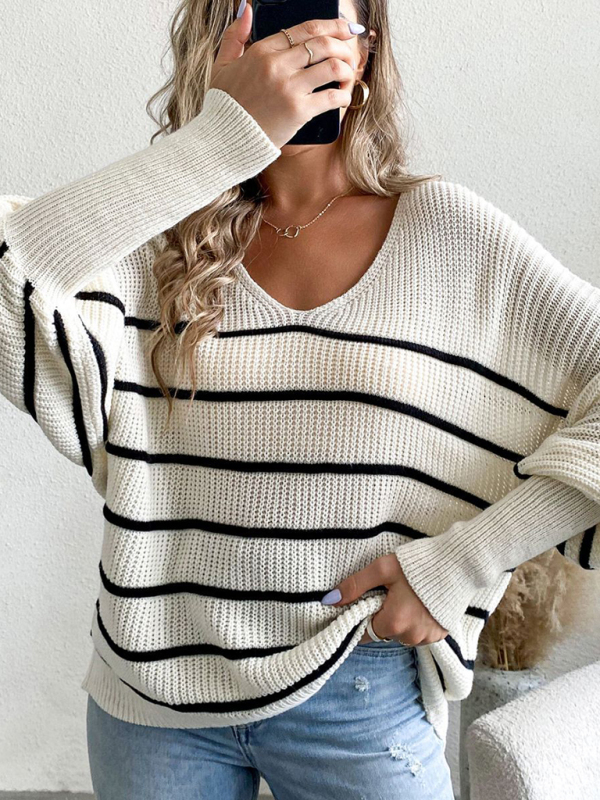 Women's new casual loose striped V-neck long-sleeved woolen top - Image 2