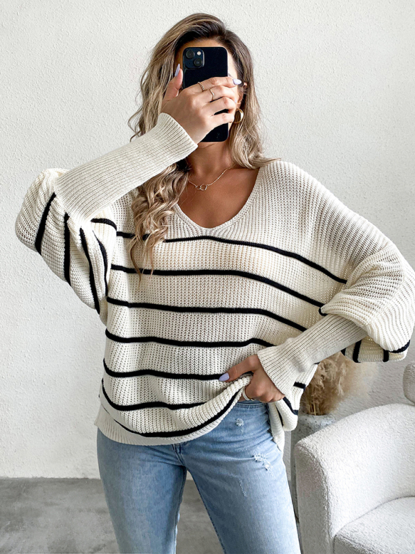 Women's new casual loose striped V-neck long-sleeved woolen top - Image 4