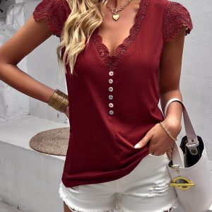 Women's V-neck patchwork lace sleeves knitted top