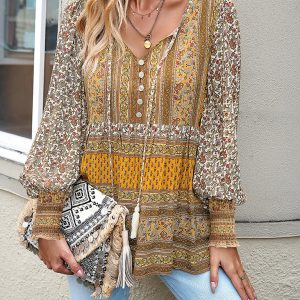 Women's positioning printed button bohemian top