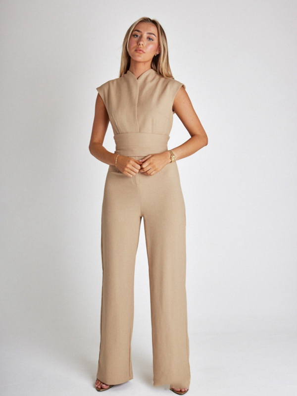 New style temperament strapped waist solid color V-neck sleeveless wide-leg jumpsuit - Image 6