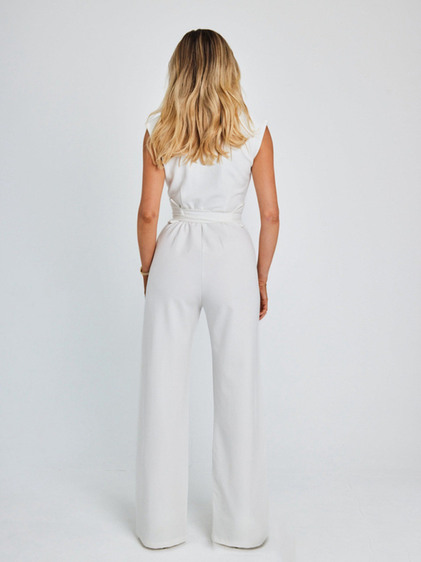 New style temperament strapped waist solid color V-neck sleeveless wide-leg jumpsuit - Image 3