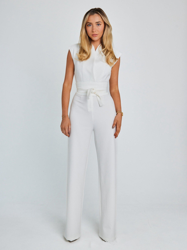New style temperament strapped waist solid color V-neck sleeveless wide-leg jumpsuit - Image 2