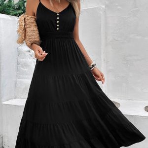 Women's new black suspender midi dress