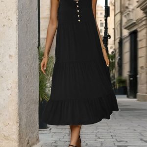 Women's new black suspender mid-length dress