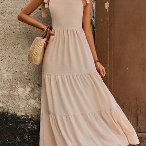 Ladies new backless solid color suspender dress