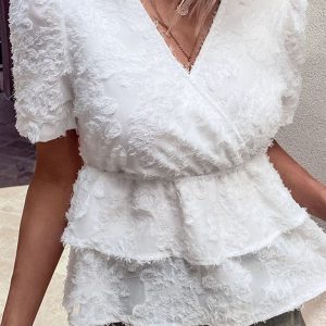 Ladies new elegant V-neck waist double hem shirt