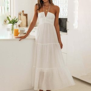 Women's bohemian suspender v-neck long dress