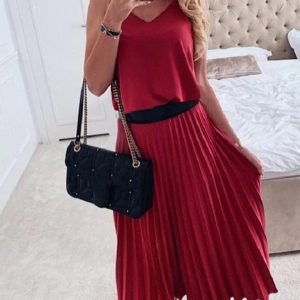Women's loose and sexy V-neck pleated midi dress (belt not included)