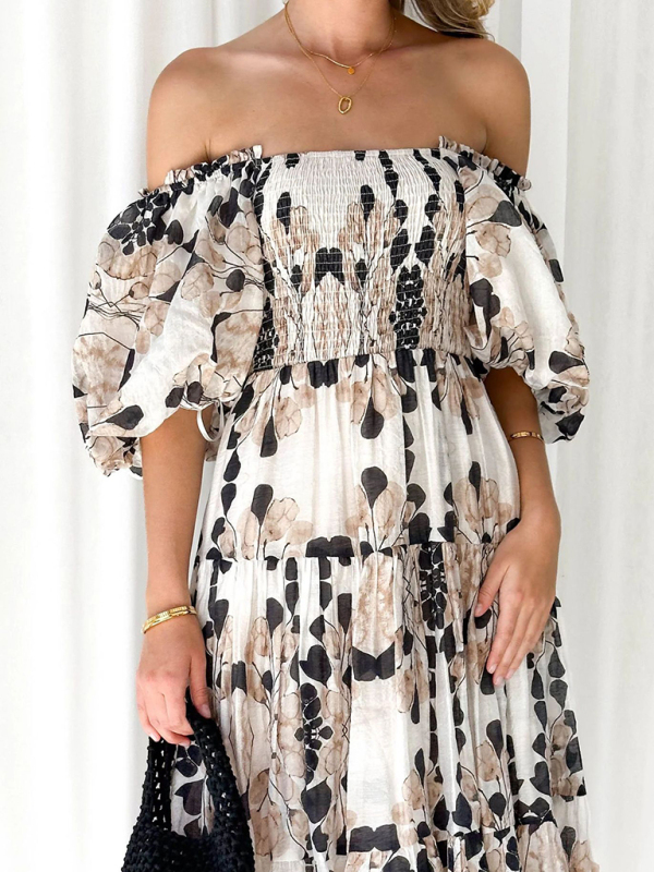 Women's Resort Style Puff Sleeve Printed French Cake Dress - Image 12