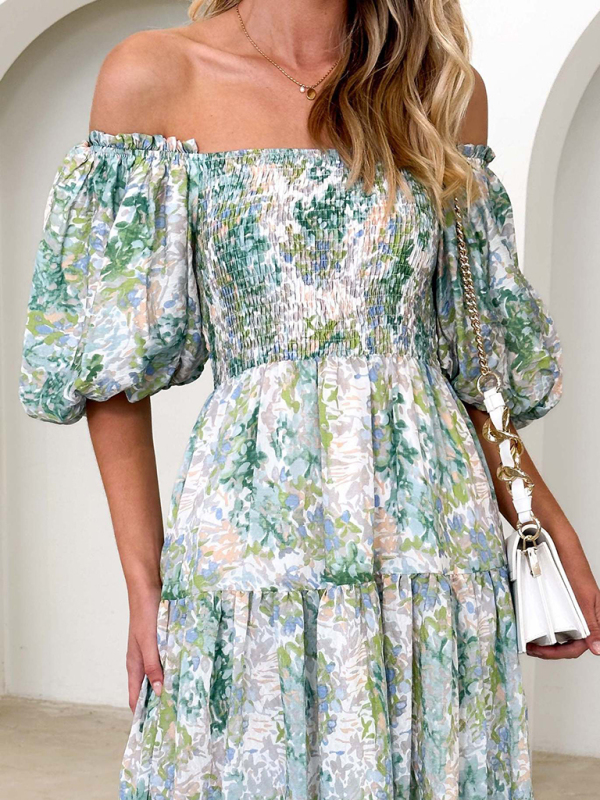 Women's Resort Style Puff Sleeve Printed French Cake Dress - Image 22