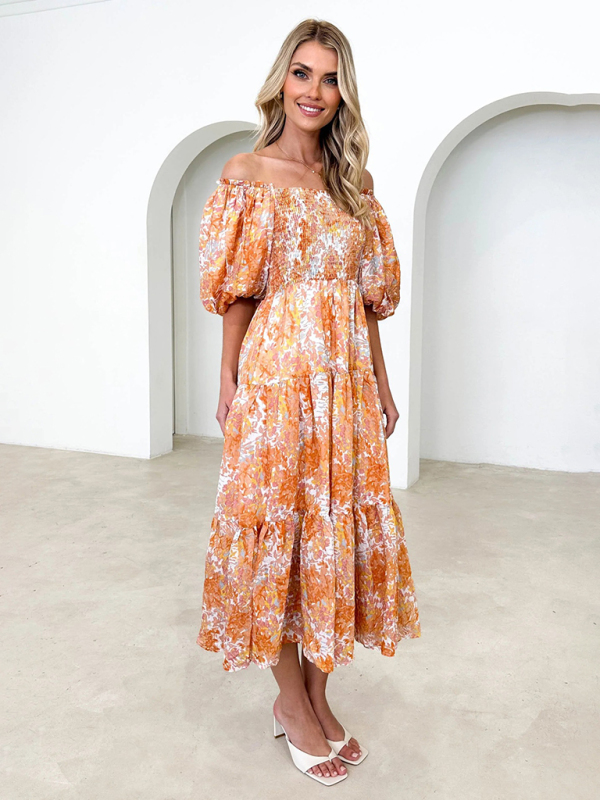 Women's Resort Style Puff Sleeve Printed French Cake Dress - Image 17
