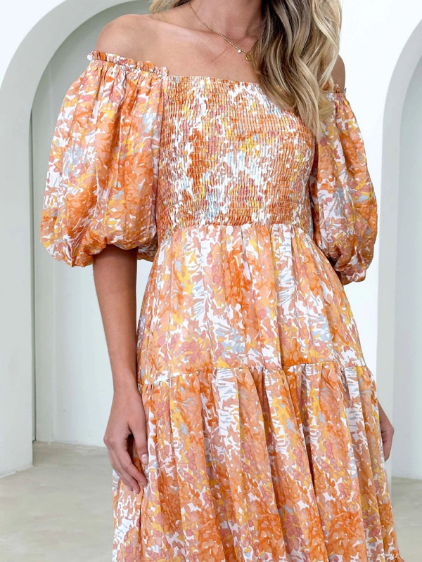 Women's Resort Style Puff Sleeve Printed French Cake Dress - Image 14