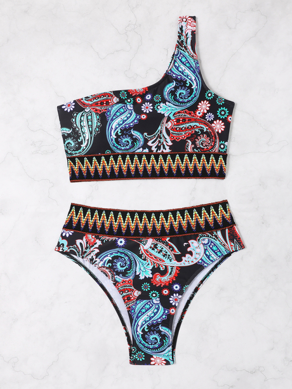 New fashion printed elastic knitted one-shoulder split triangle bikini - Image 10