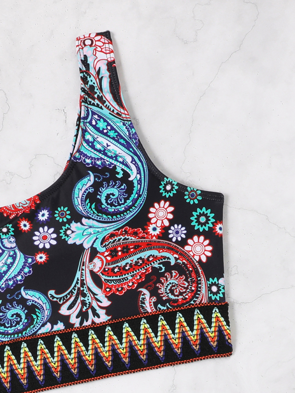 New fashion printed elastic knitted one-shoulder split triangle bikini - Image 7