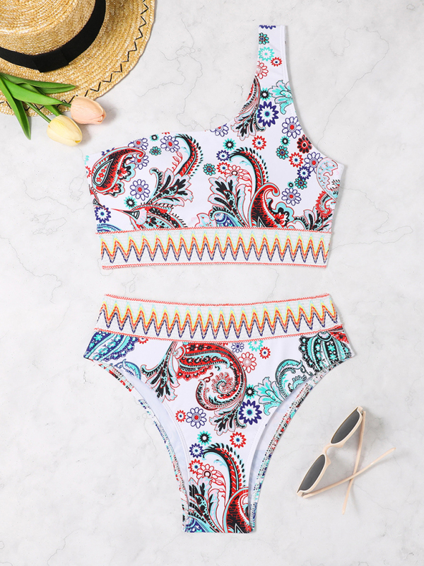 New fashion printed elastic knitted one-shoulder split triangle bikini - Image 2