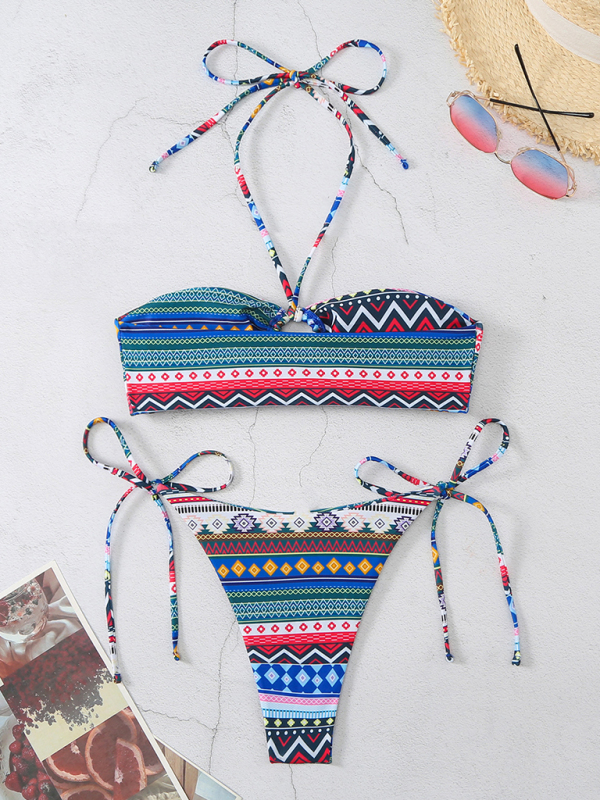 New style halterneck lace-up adjustable briefs printed multi-color split bikini - Image 14