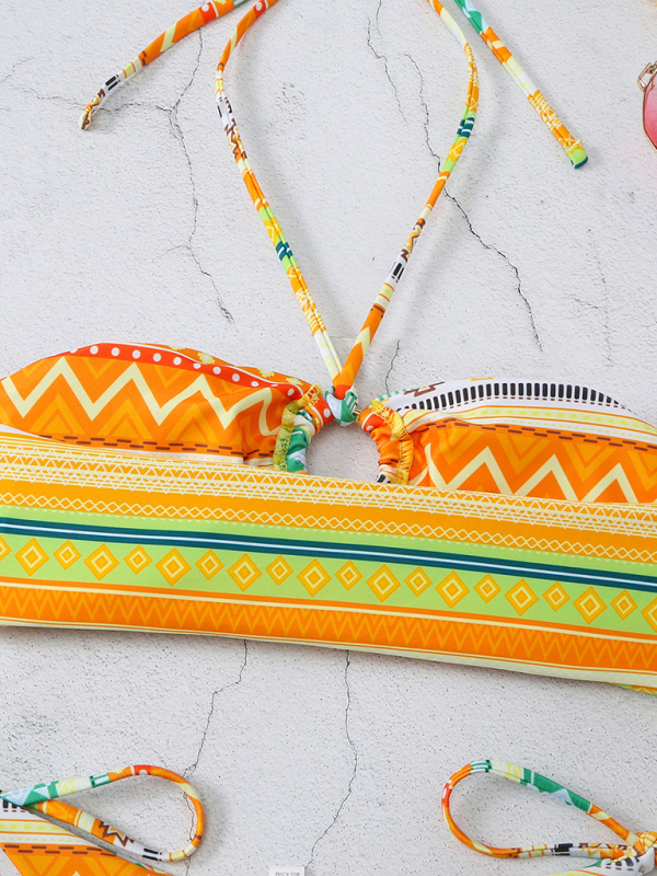 New style halterneck lace-up adjustable briefs printed multi-color split bikini - Image 7