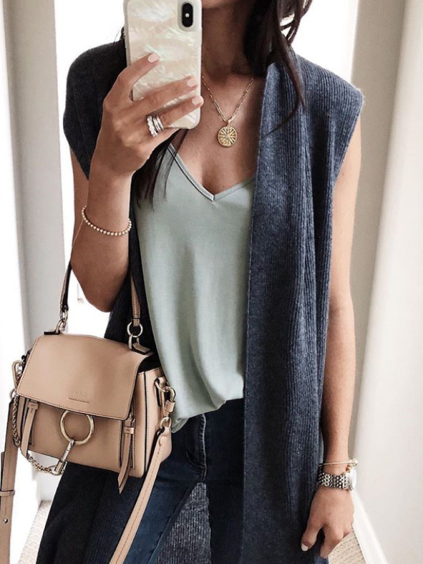 New solid color fashionable casual mid-length cardigan vest - Image 3