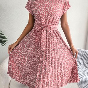 New women's casual short-sleeved floral large hem pleated dress