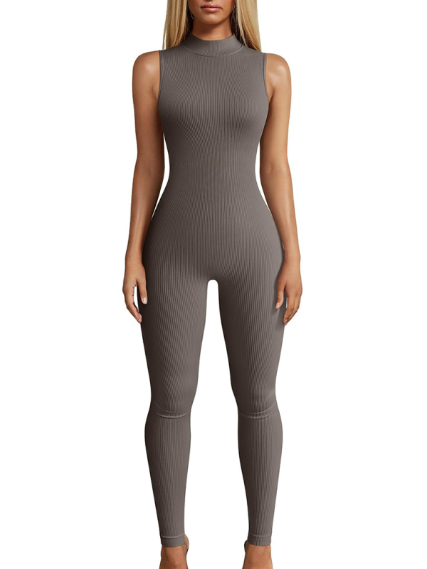 Women's Yoga Jumpsuit Slim Fit Ribbed Sleeveless Turtleneck Top Sports Jumpsuit - Image 14