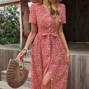New women's v-neck floral slit short-sleeved dress