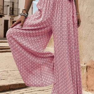 New women's lace-up high-waisted casual printed wide-leg trousers