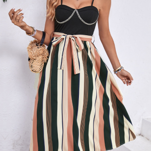 Women's striped patchwork suspender dress