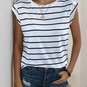 Women's new casual sleeveless striped T-shirt