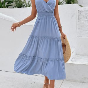 New women's new solid color suspender high waist dress