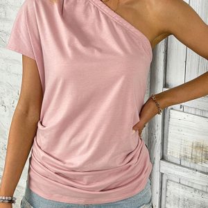 New pink off-shoulder one-shoulder casual top
