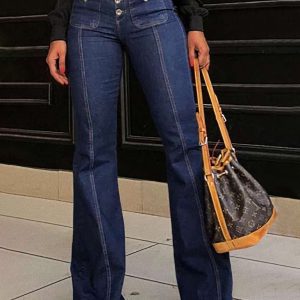 Women's new stretch slim fit spliced high waist flared denim trousers