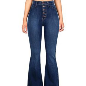 Women's new high-waist washed button slim fit slightly flared wide-leg denim trousers