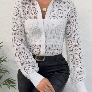 Women's Long Sleeve Lace V Neck Shirt