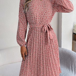 Women's casual long-sleeved floral large hem pleated dress