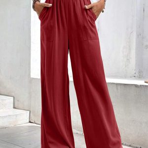 New women's mid-waist straight pants, loose sports solid color pocket casual trousers