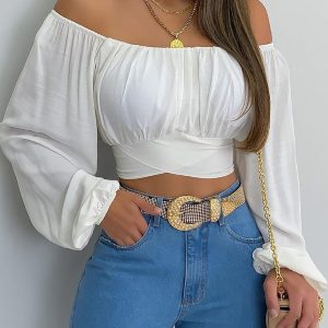 Women's off-shoulder cross strap long sleeve top