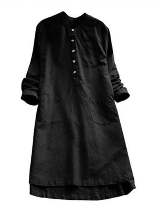 New Solid Color Henley Collar Button Open Long Sleeve Shirt Style Midi Dress - Image 4