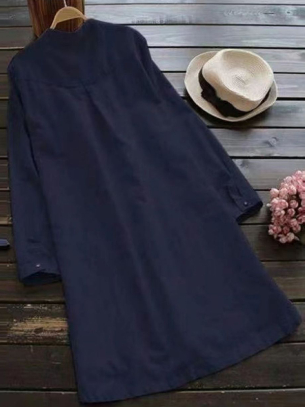 New Solid Color Henley Collar Button Open Long Sleeve Shirt Style Midi Dress - Image 13