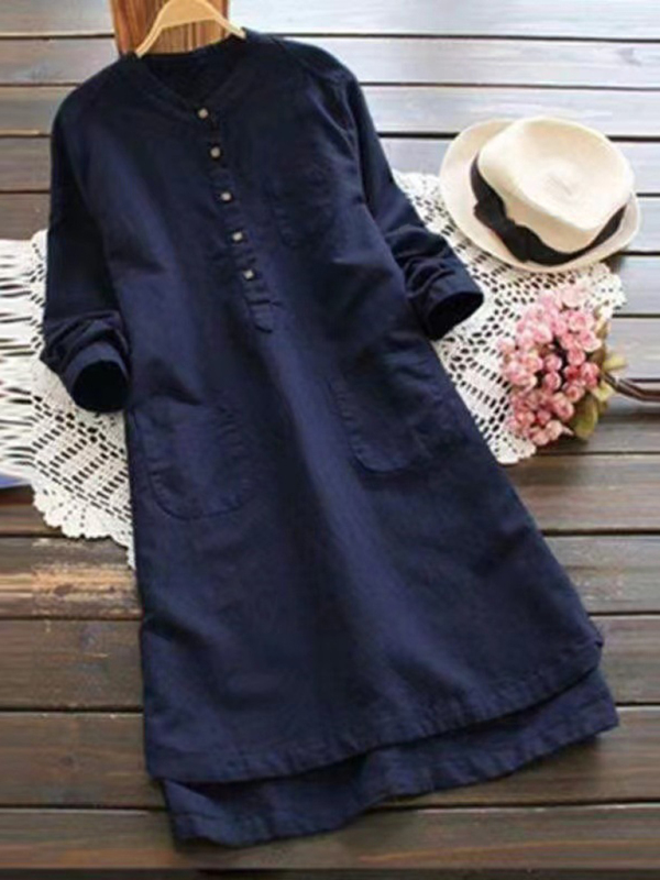 New Solid Color Henley Collar Button Open Long Sleeve Shirt Style Midi Dress - Image 5