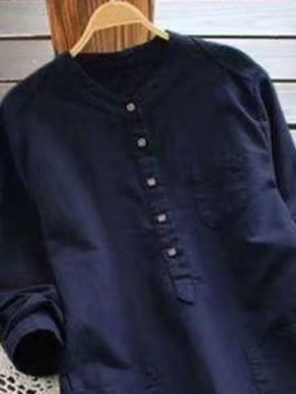 New Solid Color Henley Collar Button Open Long Sleeve Shirt Style Midi Dress - Image 12